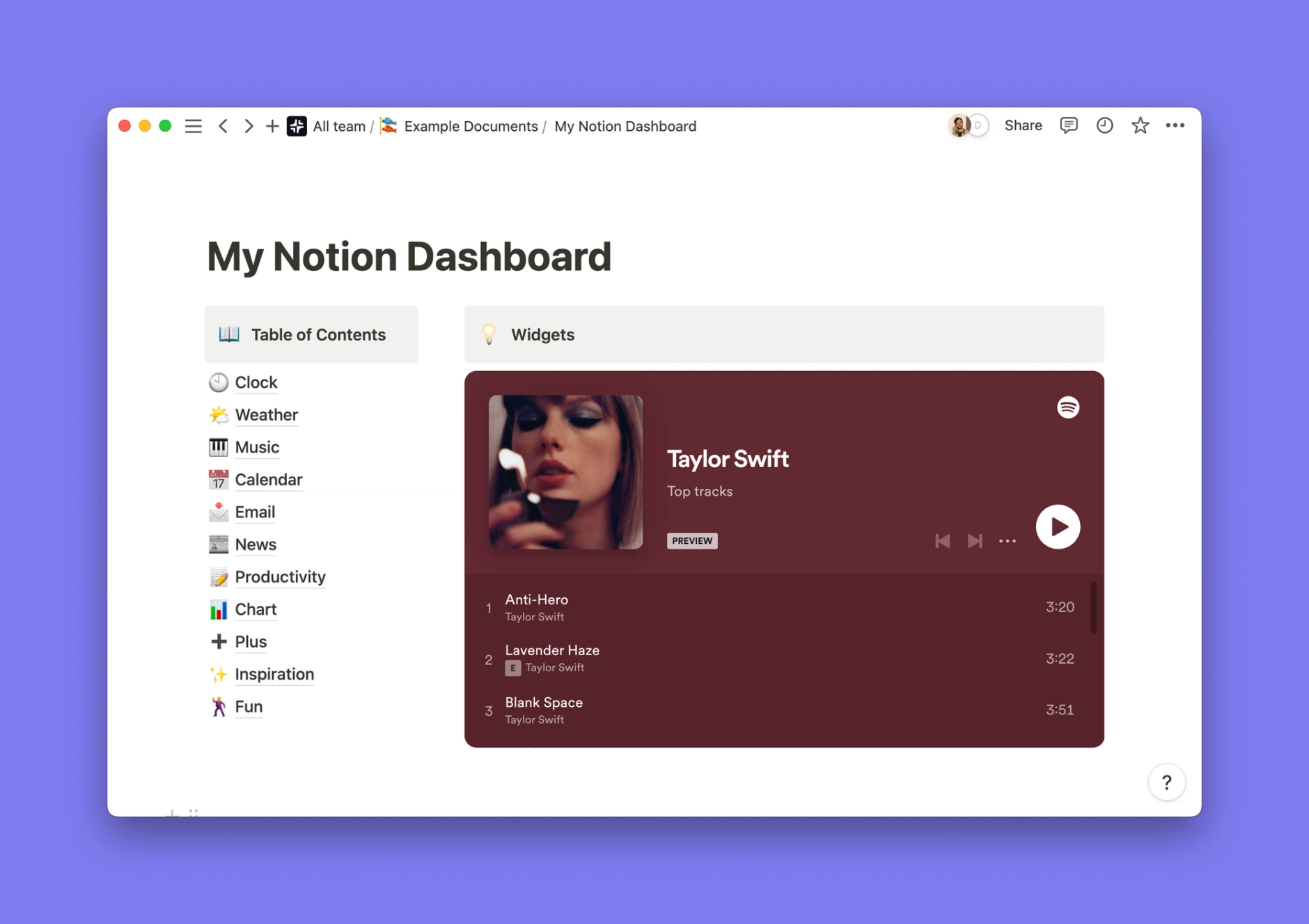 Spotify widget for Notion Plus