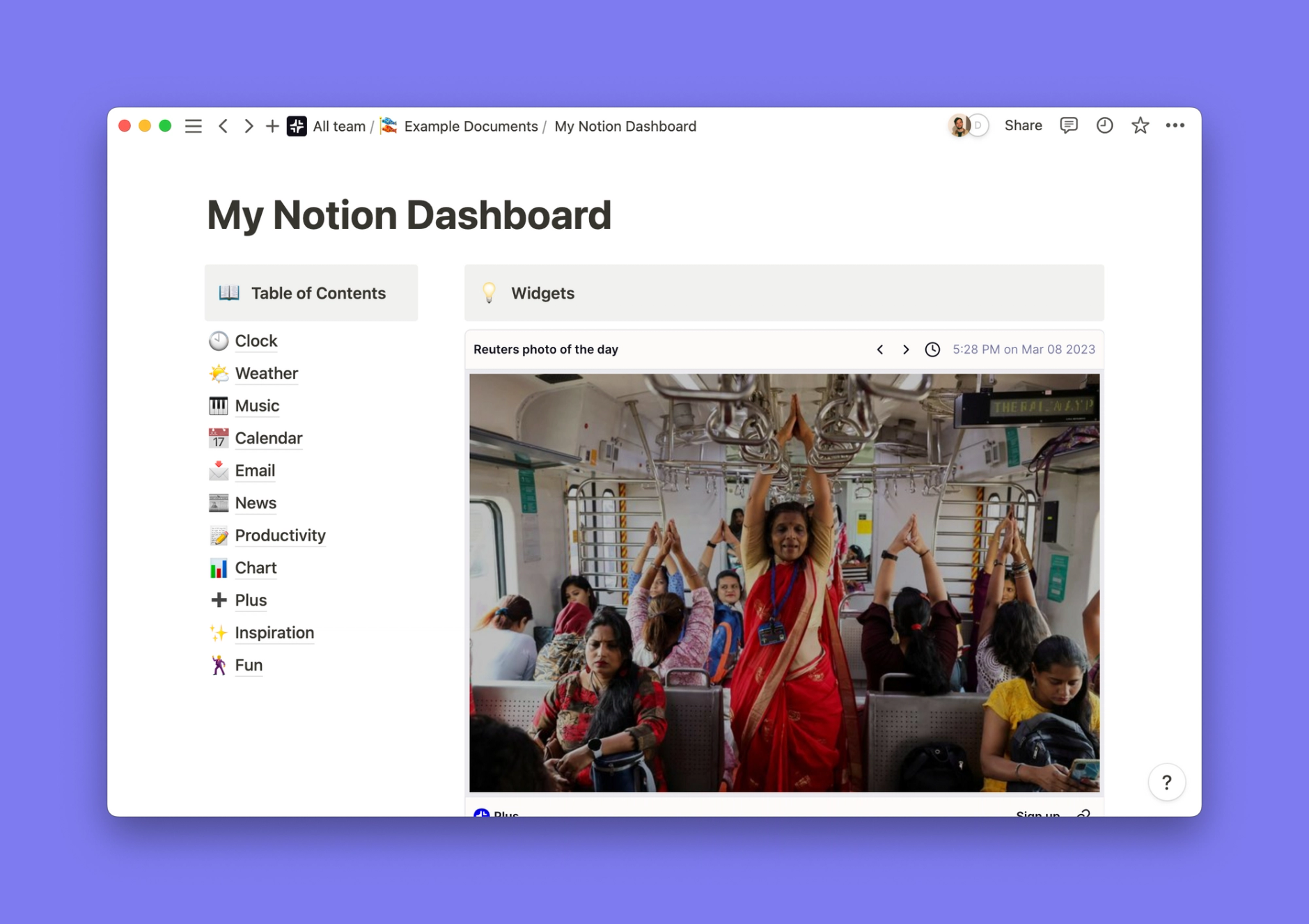 Reuters Photo of the Day widget inside of a Notion workspace