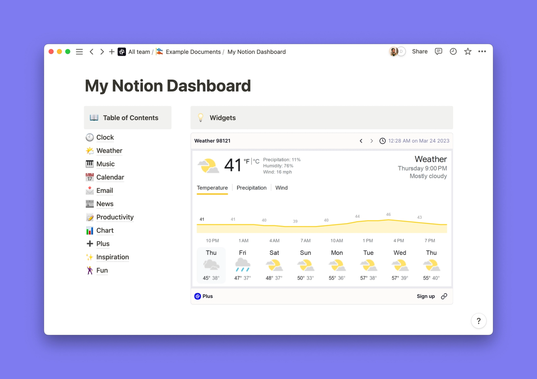 Google Weather widget inside of a Notion workspace