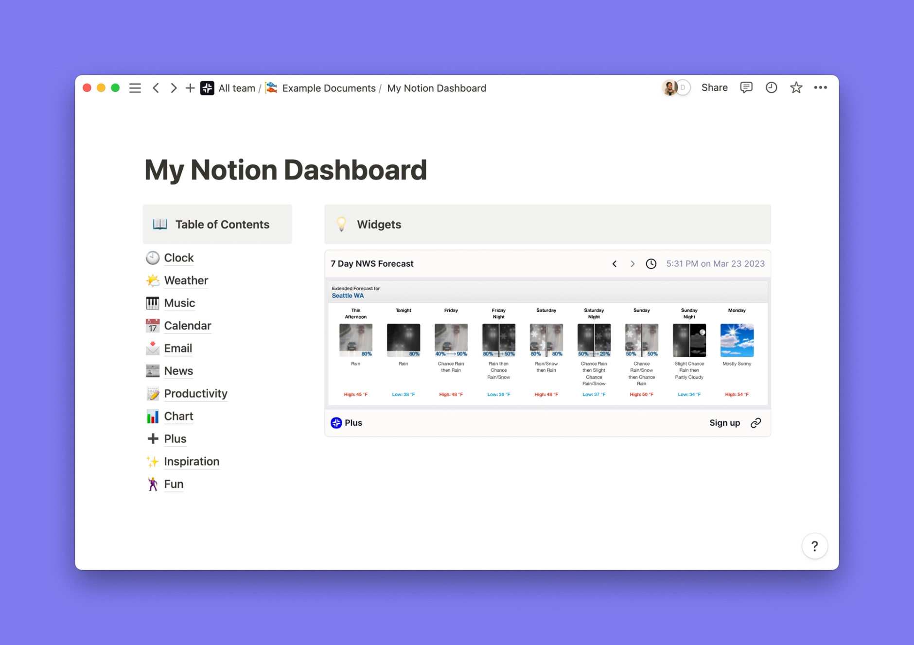 National Weather Service Forecast widget inside of a Notion workspace