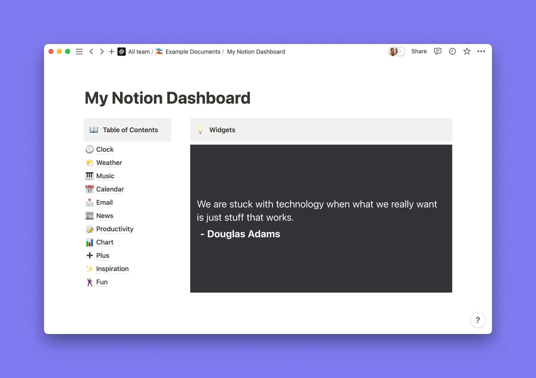 Quote Generator widget inside of a Notion workspace