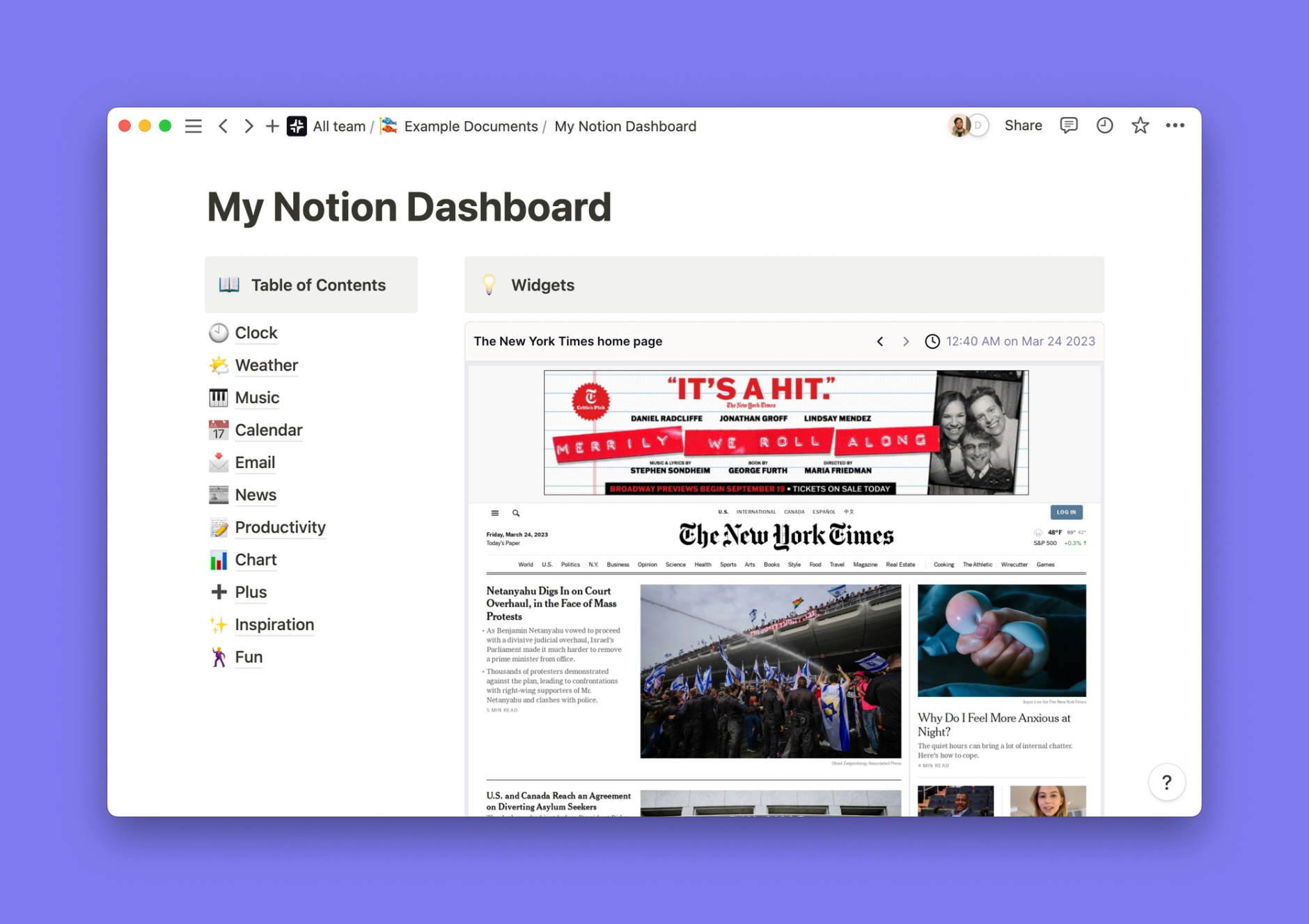 The New York Times widget inside of a Notion workspace