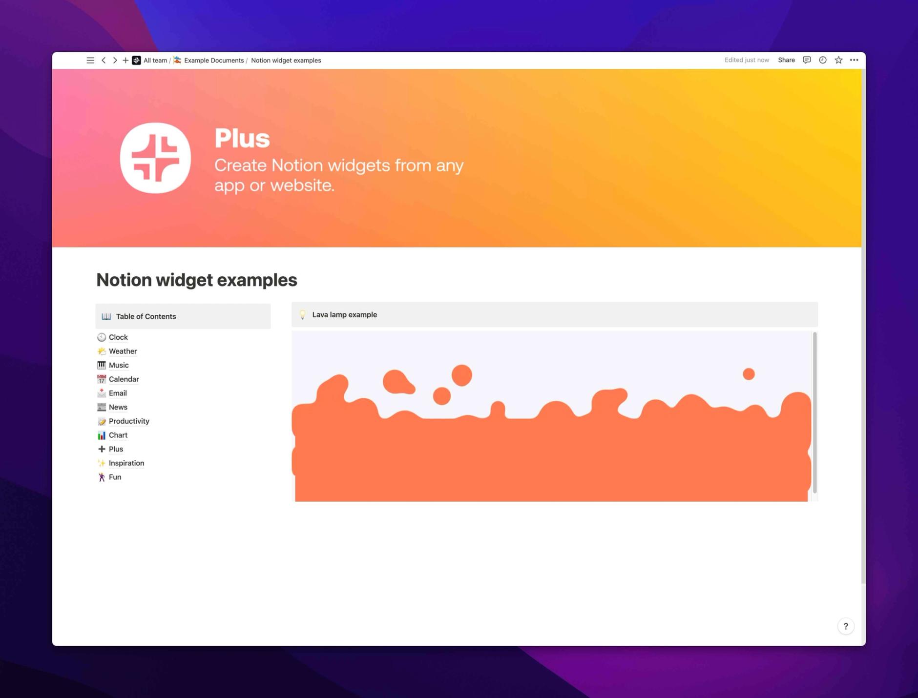 Lava Lamp (Orange) widget inside of a Notion workspace
