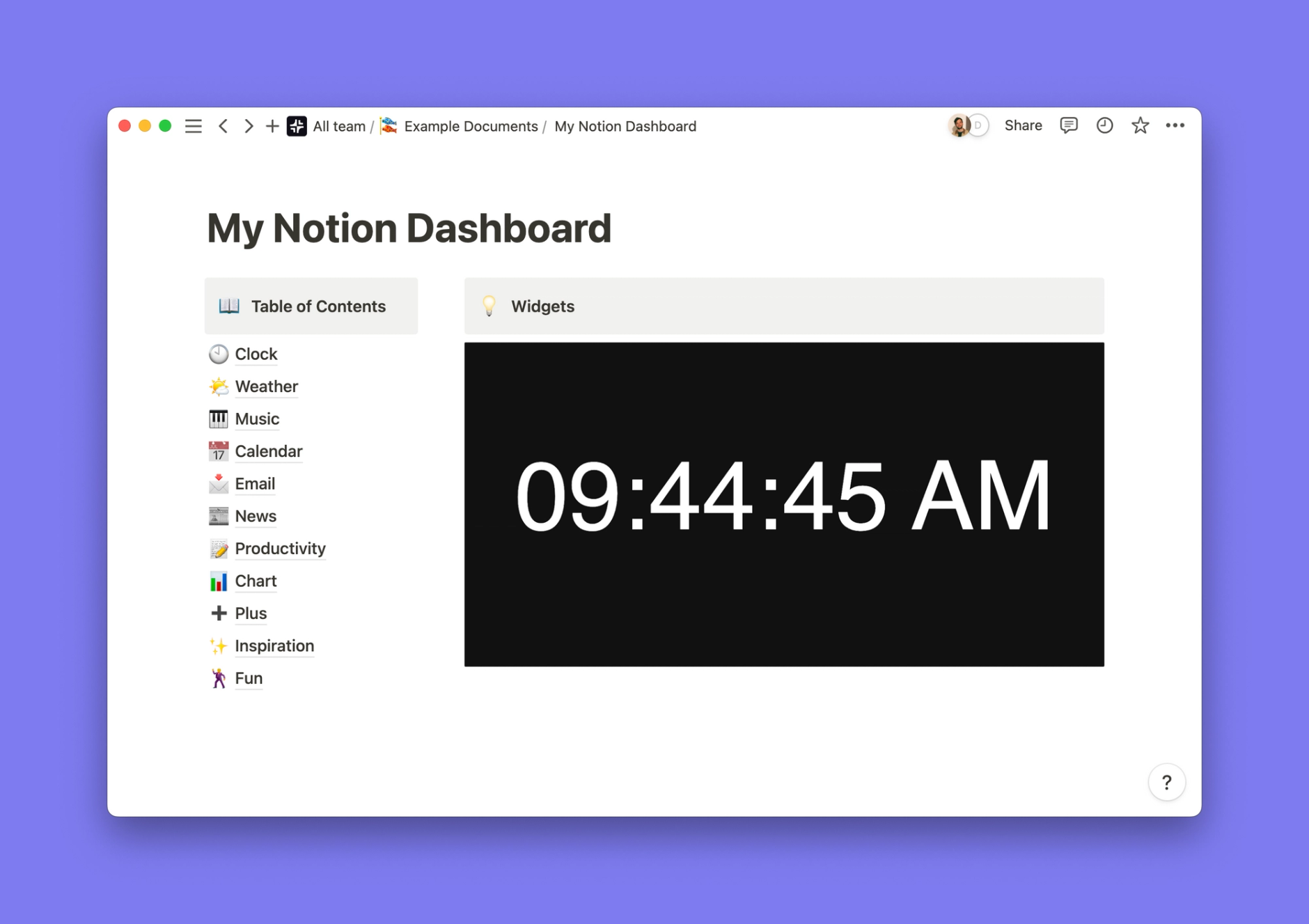 Digital Clock (Dark Mode) widget inside of a Notion workspace