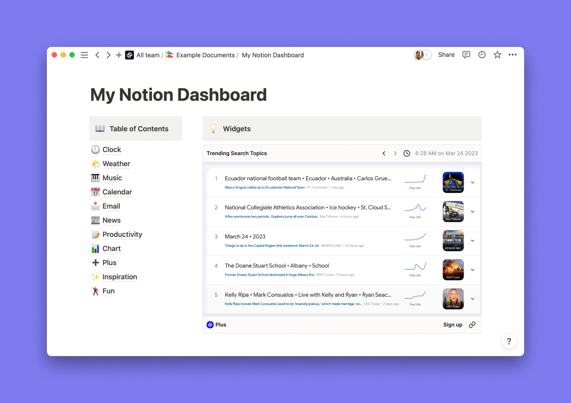 Google Trends widget inside of a Notion workspace