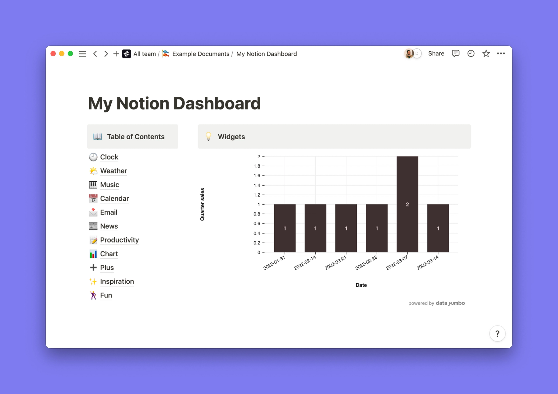 Data Jumbo widget inside of a Notion workspace