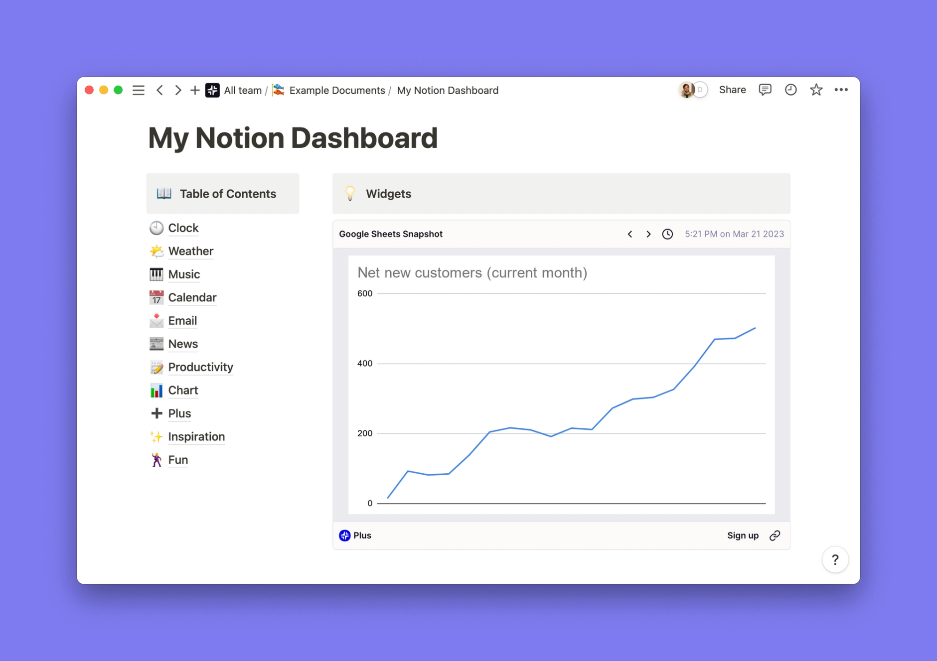 Google Sheets widget inside of a Notion workspace