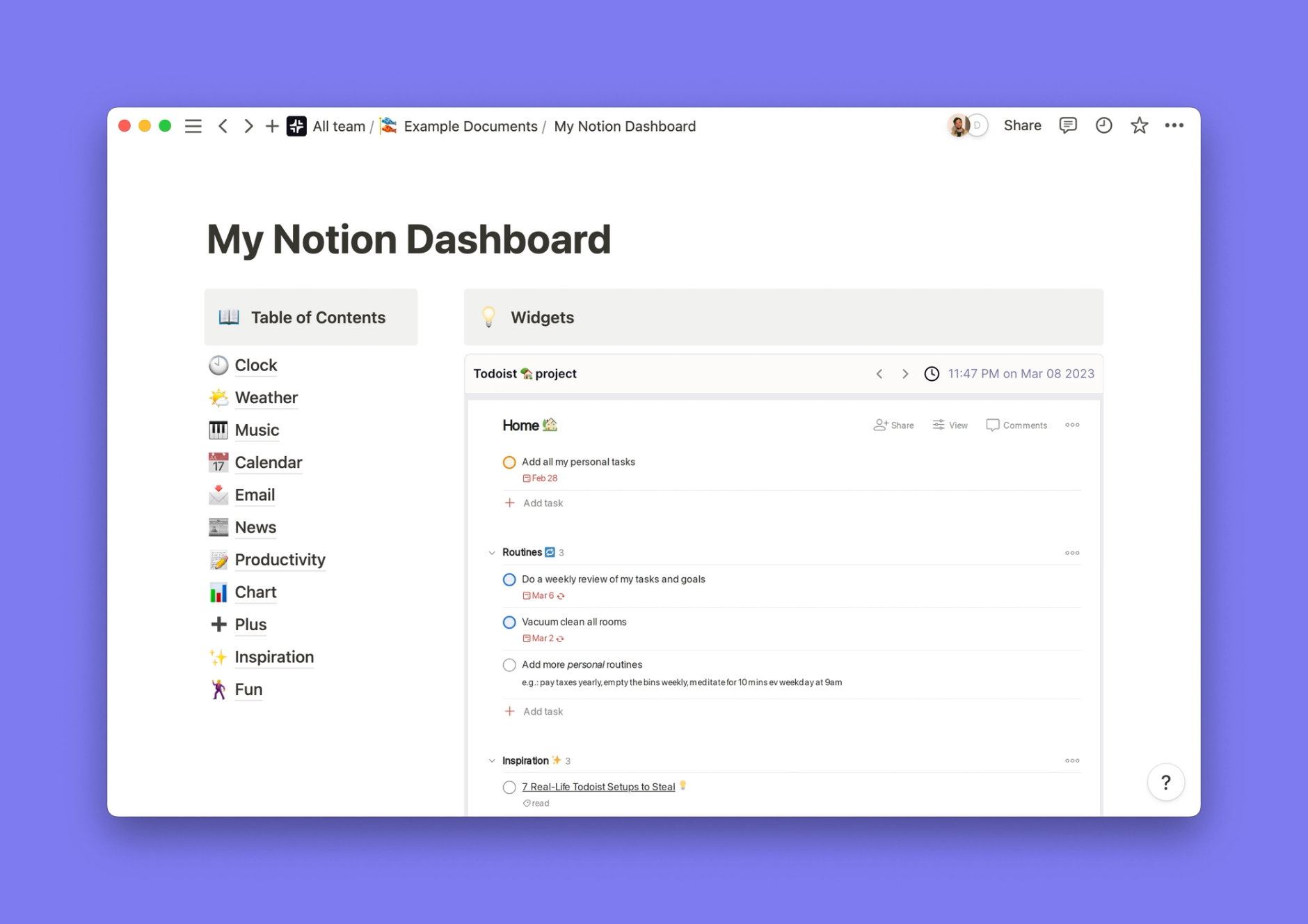 Todoist widget for Notion Plus