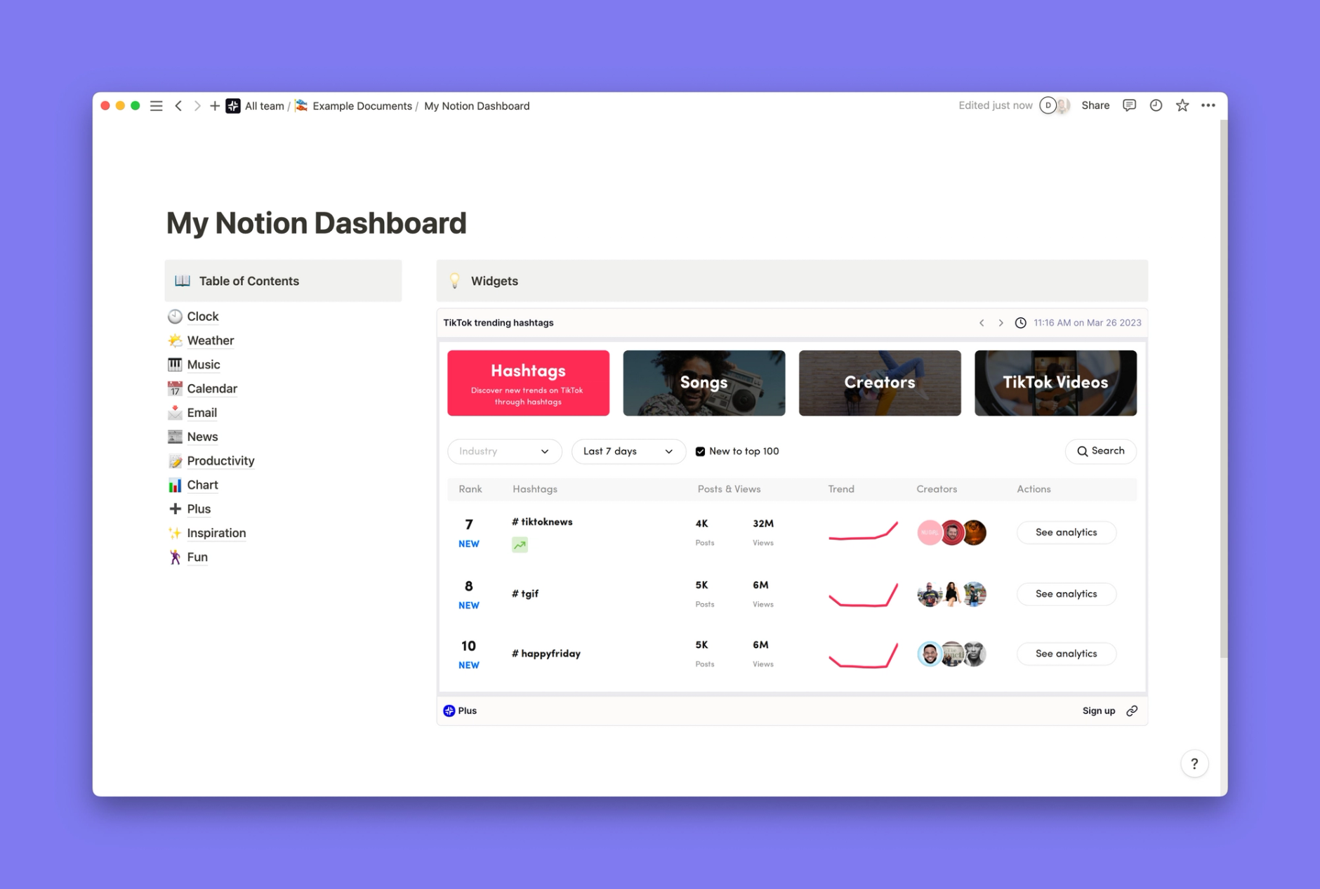 TikTok Trends widget inside of a Notion workspace