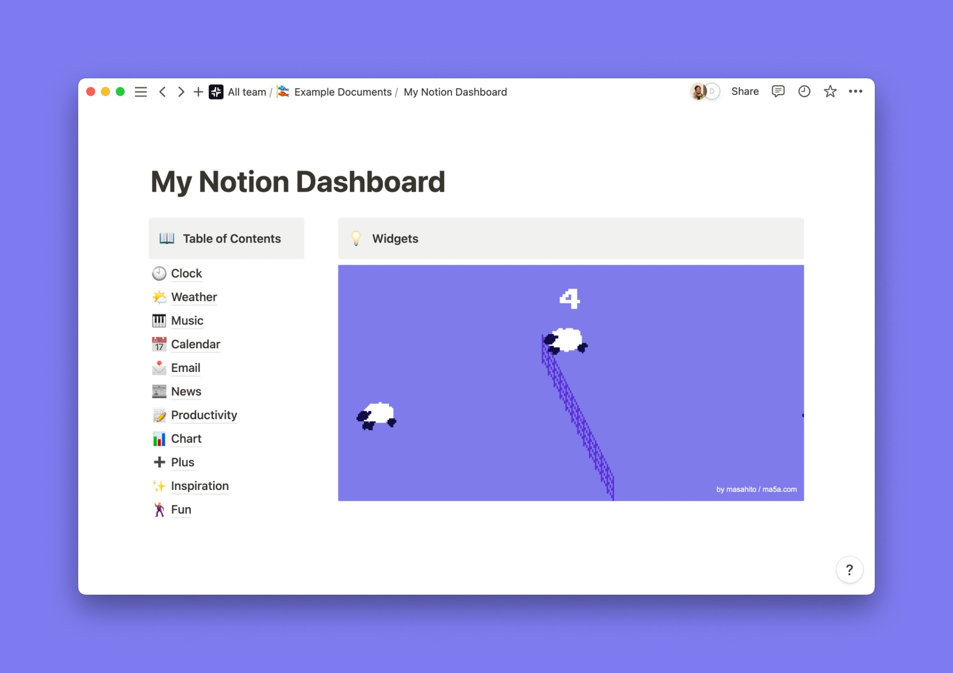 Counting Sheep widget inside of a Notion workspace