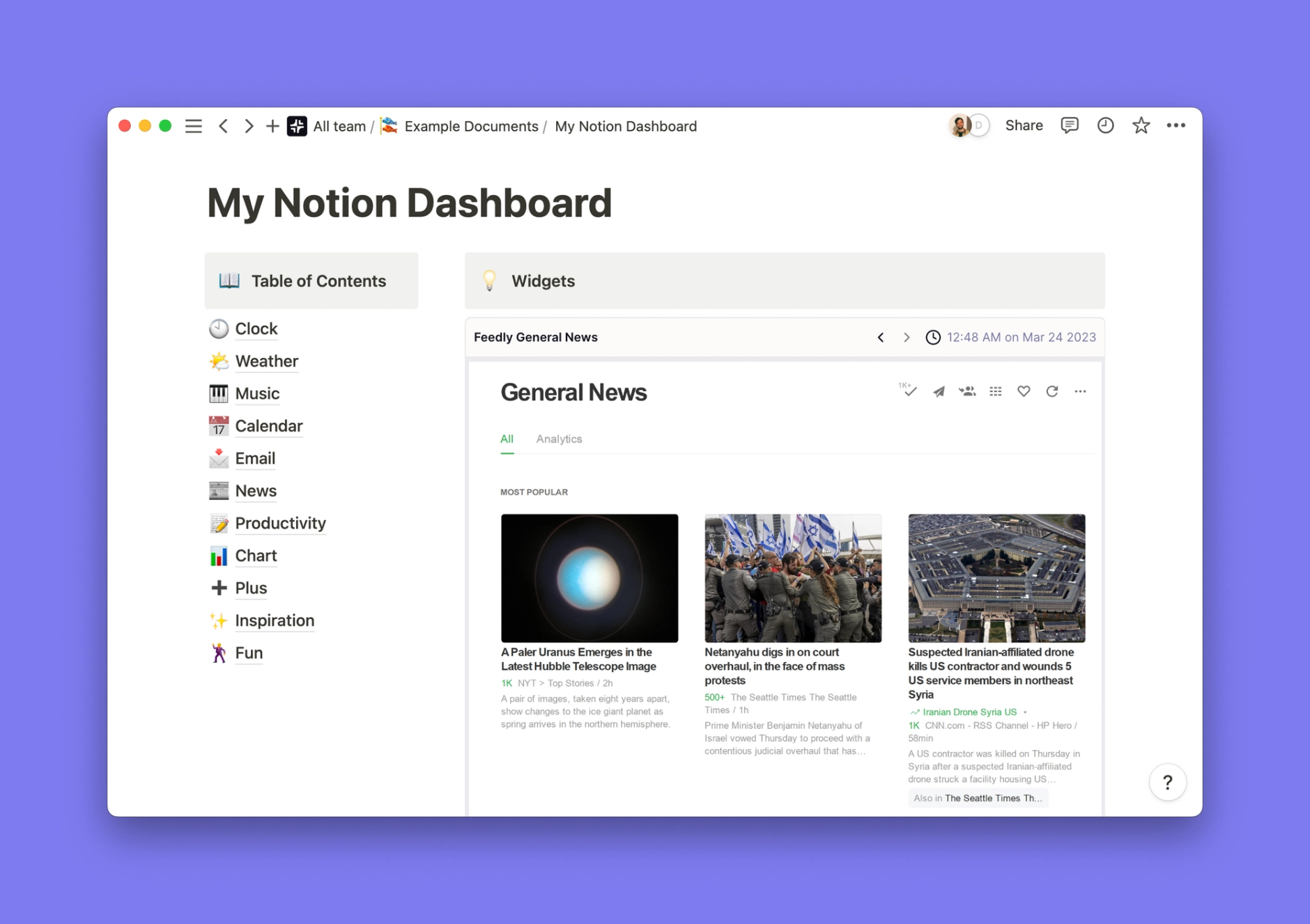Feedly widget inside of a Notion workspace