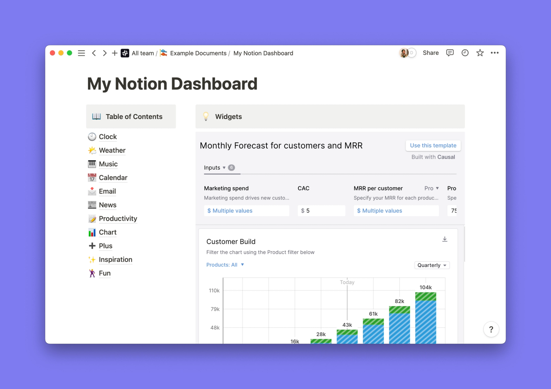 Causal widget inside of a Notion workspace