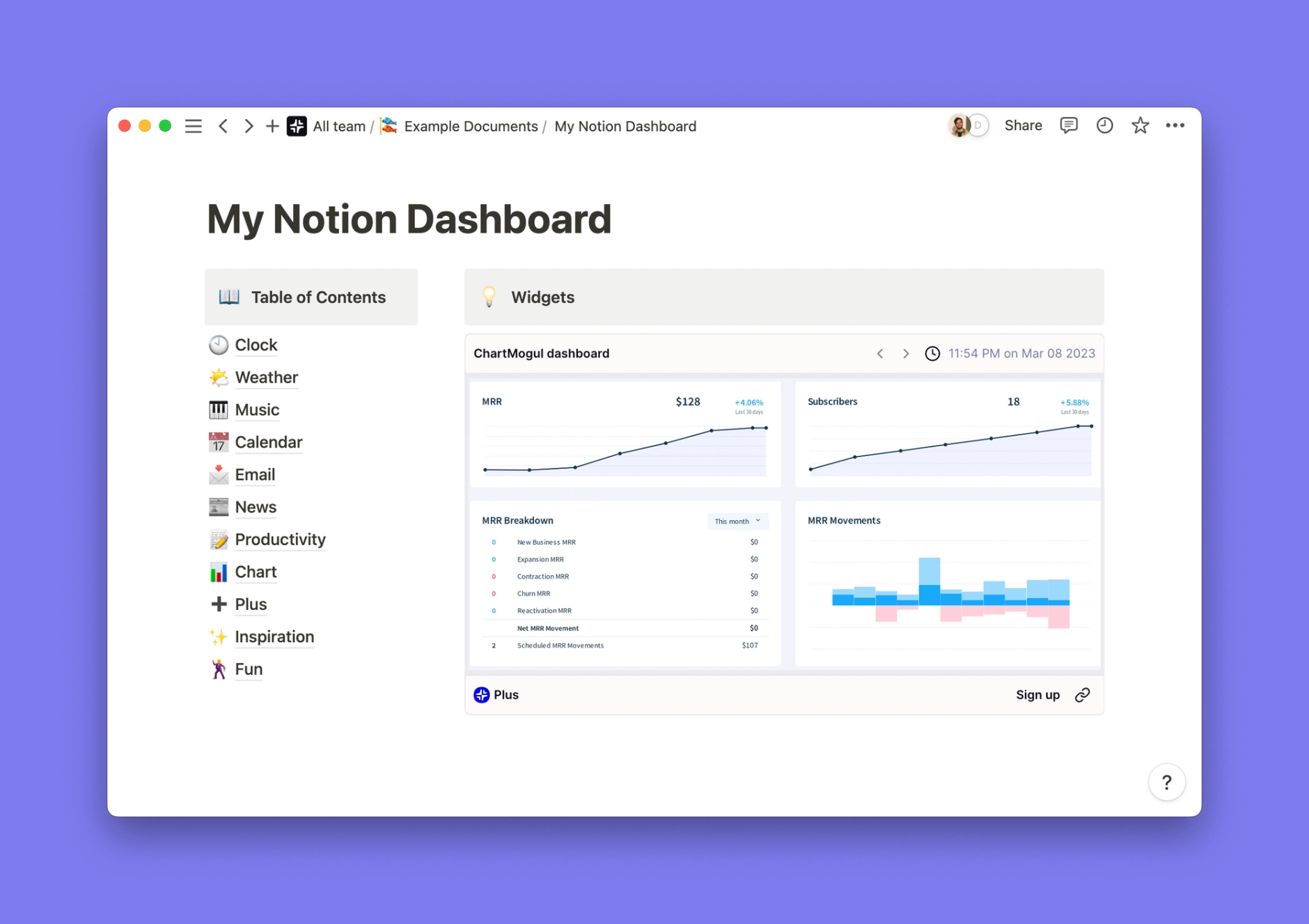 Chartmogul widget inside of a Notion workspace