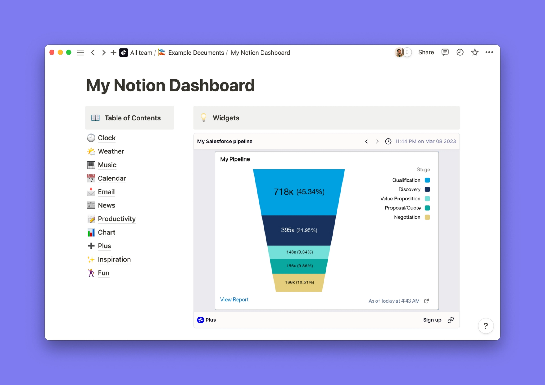 Salesforce widget inside of a Notion workspace