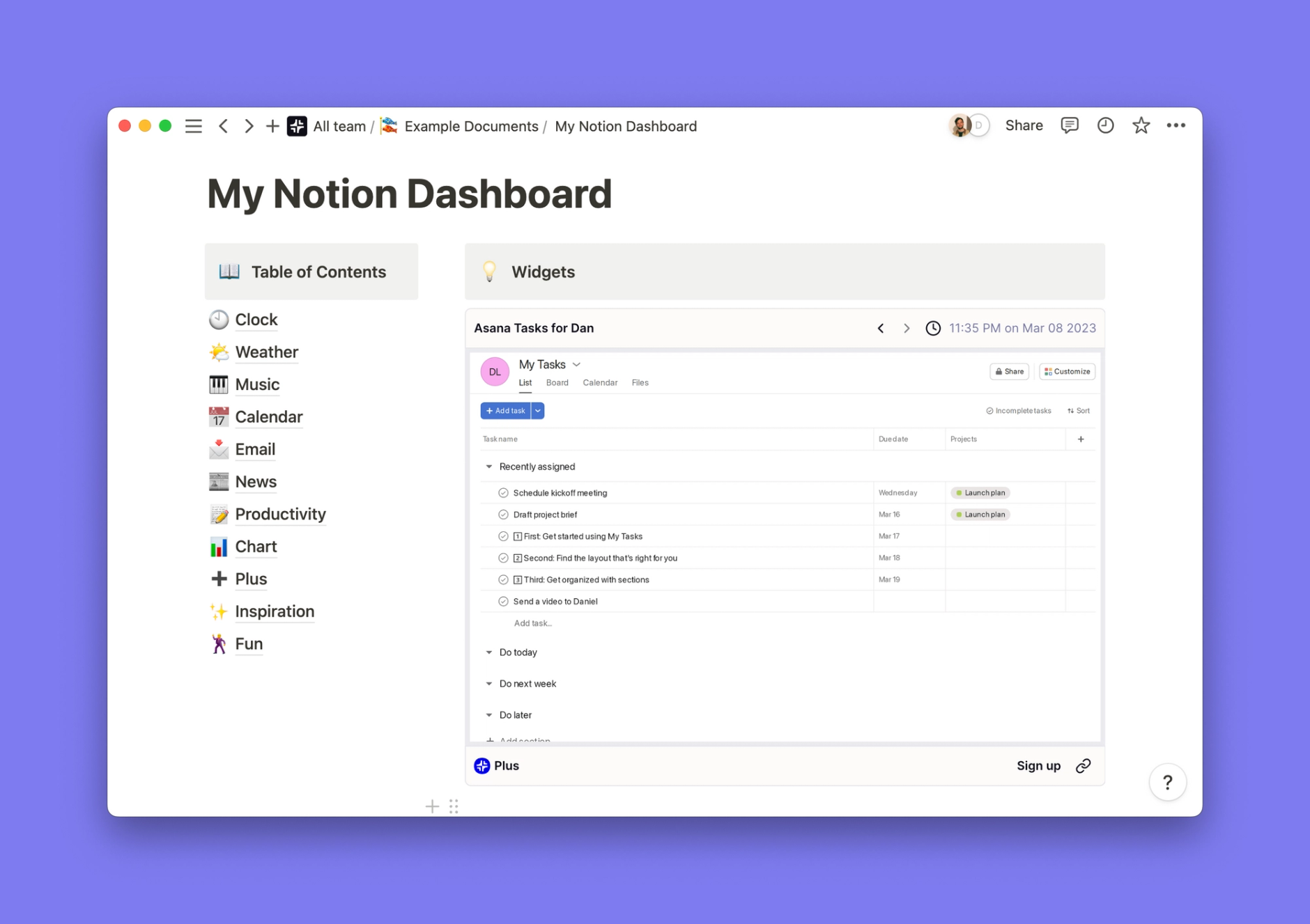Asana widget inside of a Notion workspace