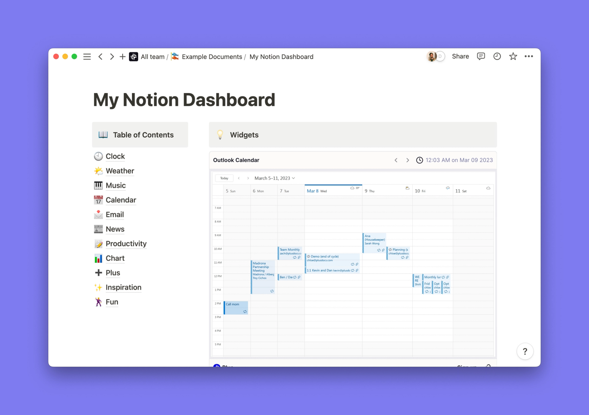 Outlook Calendar widget inside of a Notion workspace