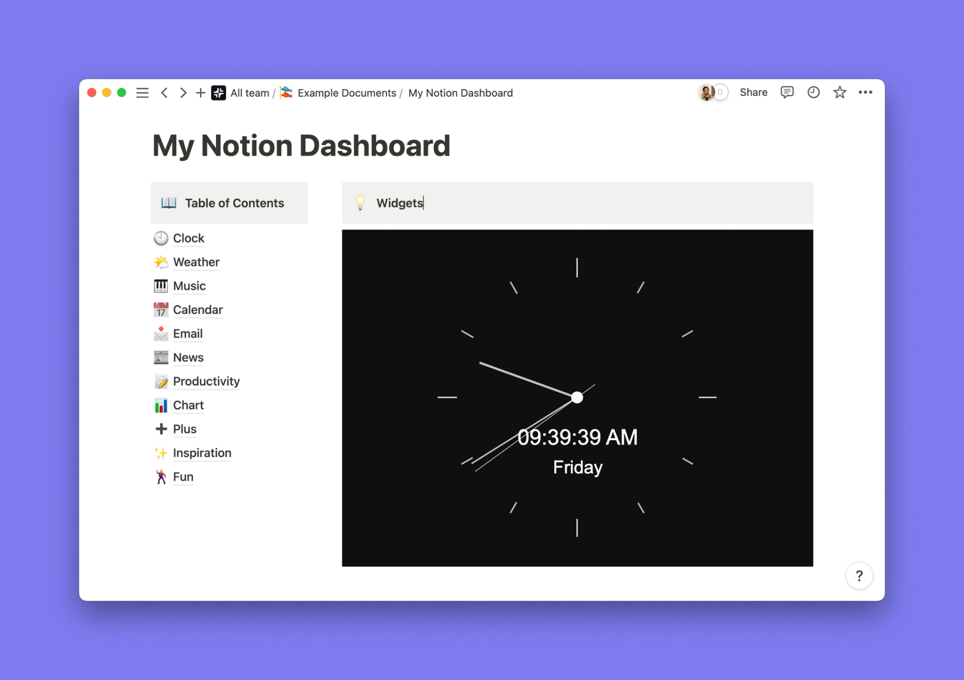 Combo Clock (Dark Mode) widget inside of a Notion workspace