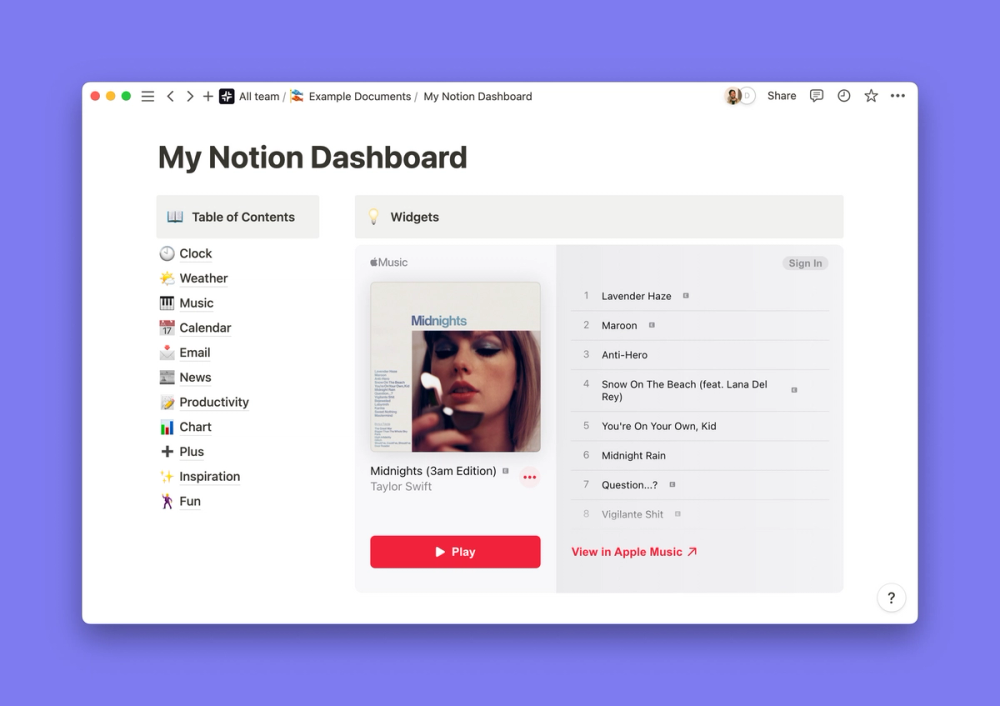 Preview of the Apple Music widget