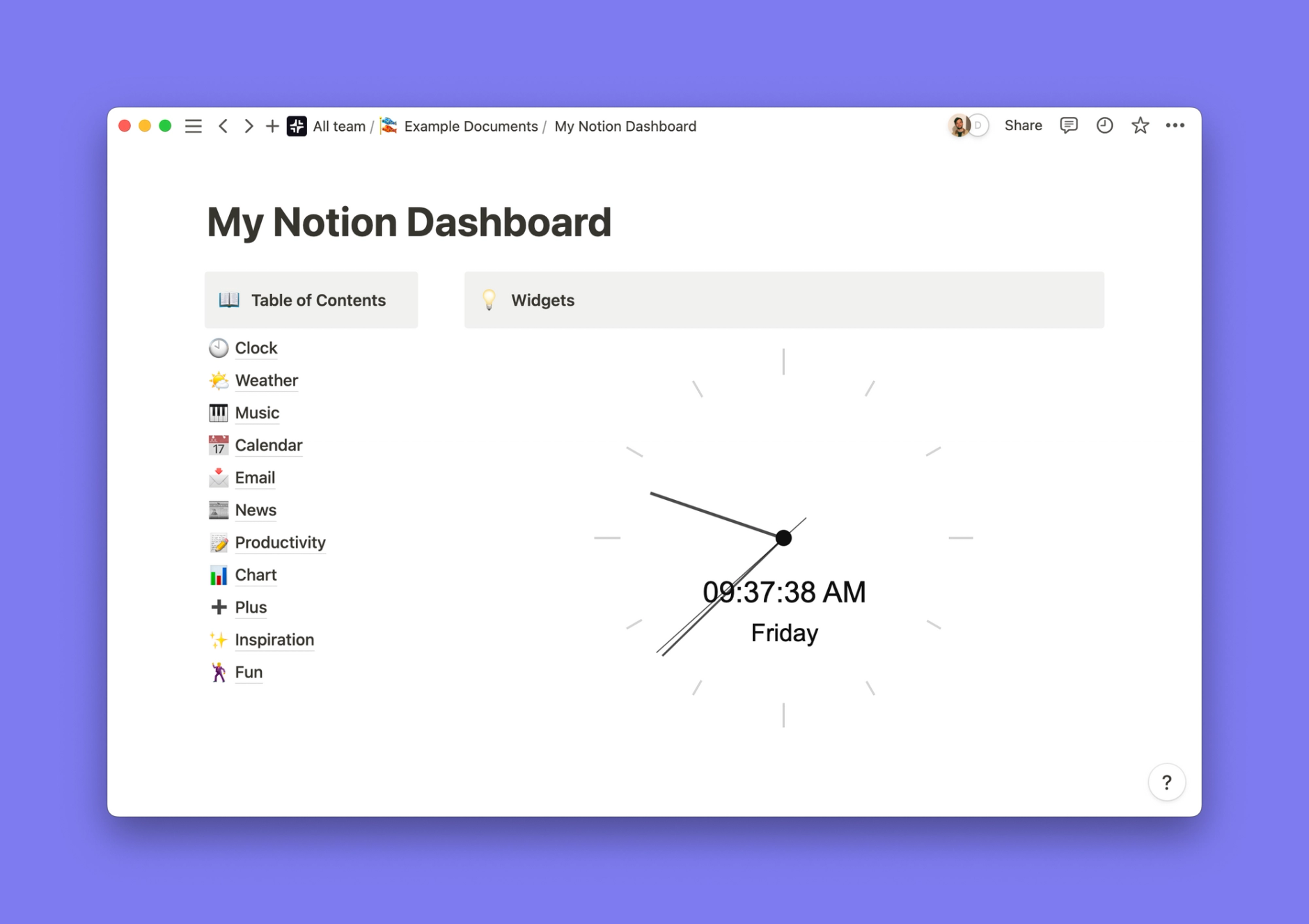 Combo Clock widget inside of a Notion workspace