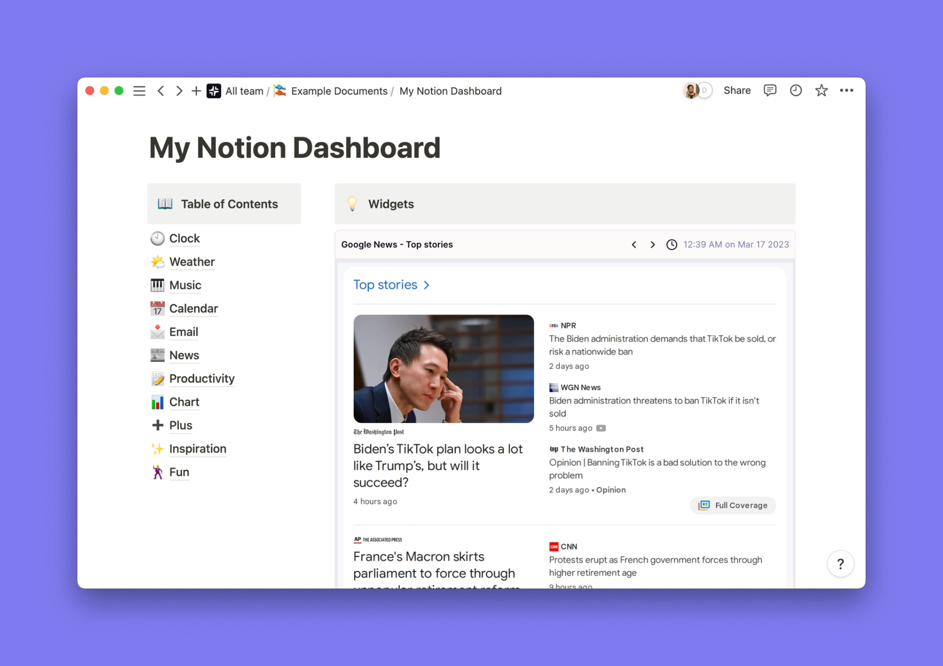 Google News widget inside of a Notion workspace