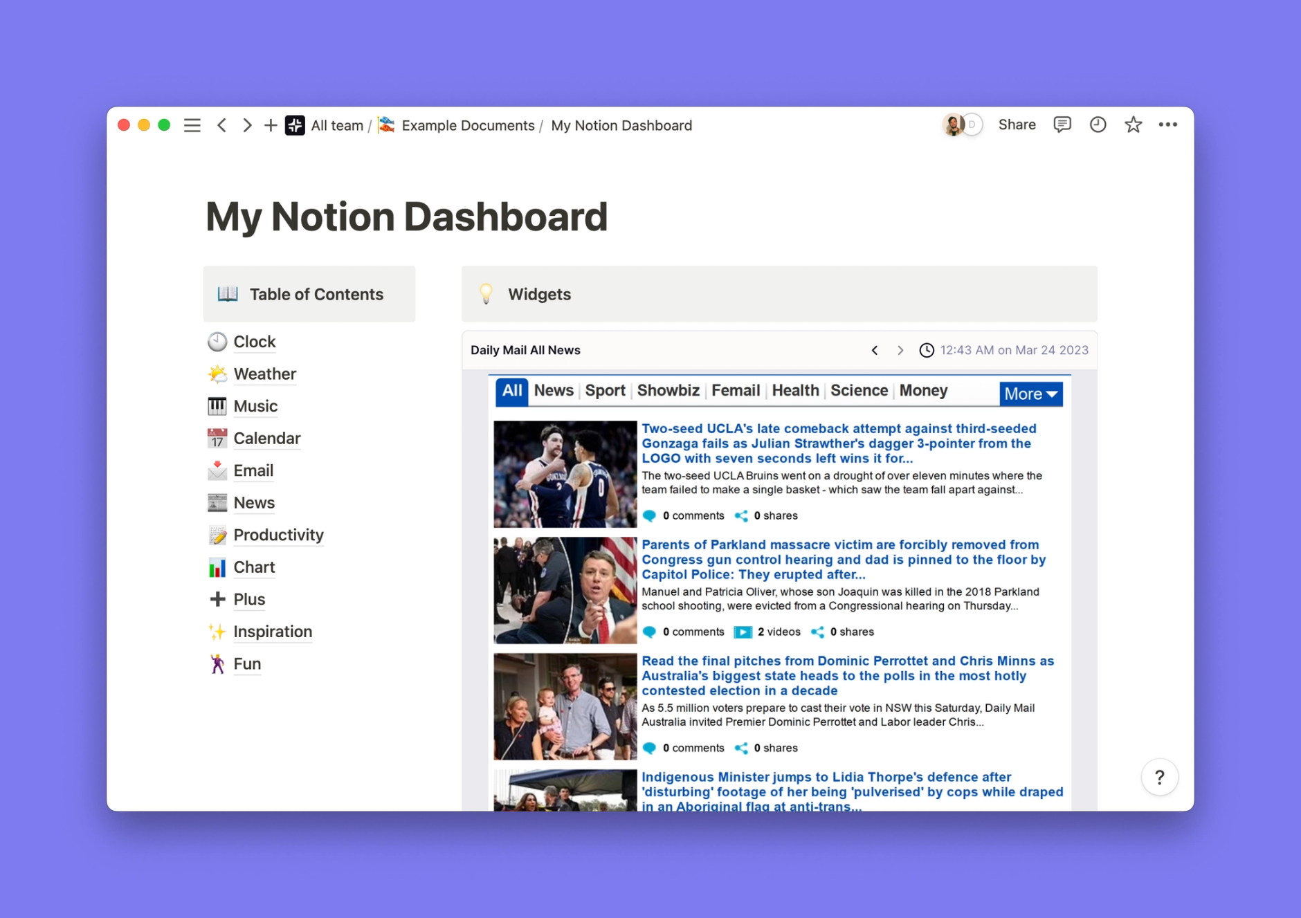 Daily Mail widget inside of a Notion workspace