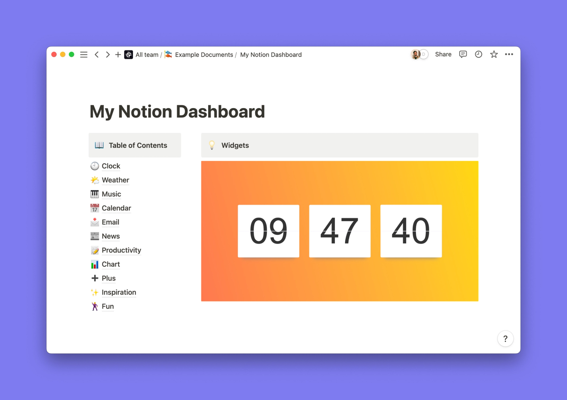 Flip Clock (Gradient) widget inside of a Notion workspace