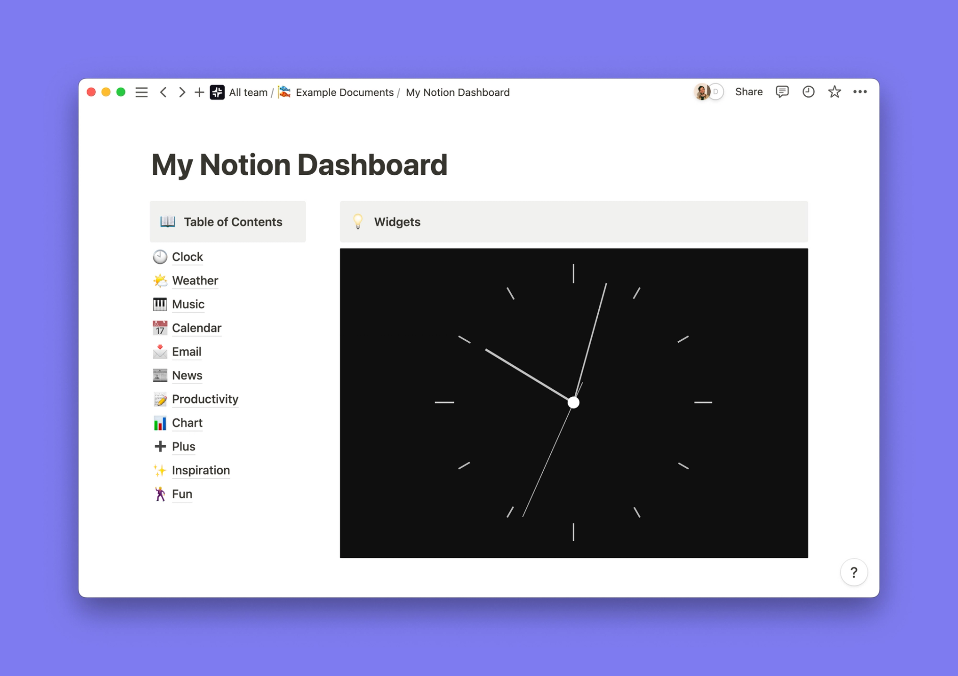 Minimal Clock (Dark Mode) widget inside of a Notion workspace