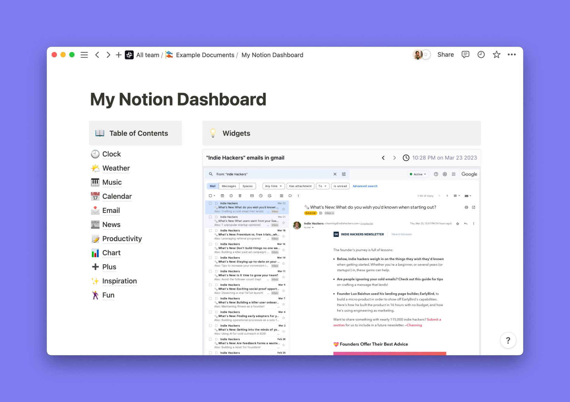 Gmail widget inside of a Notion workspace