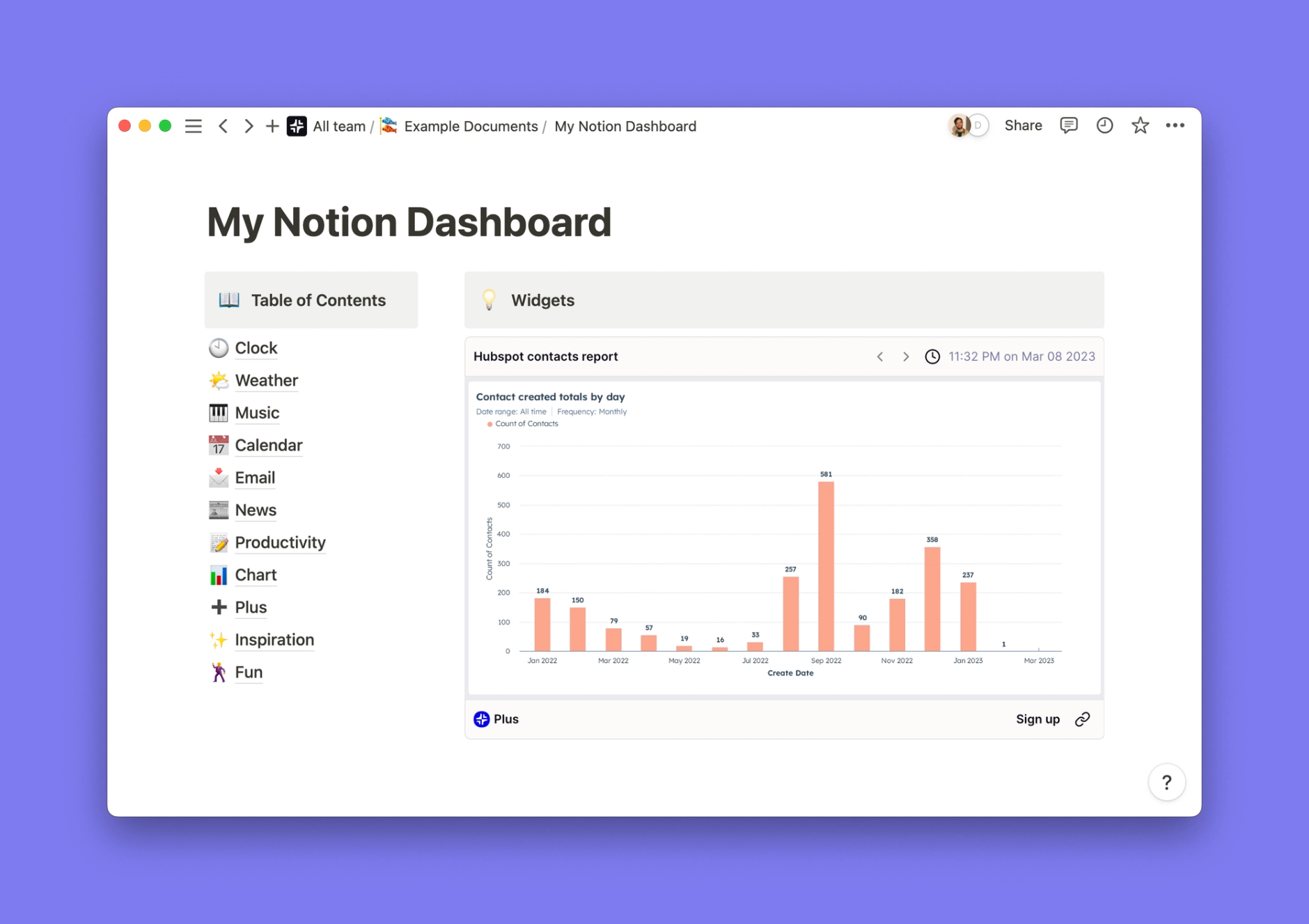 HubSpot widget inside of a Notion workspace