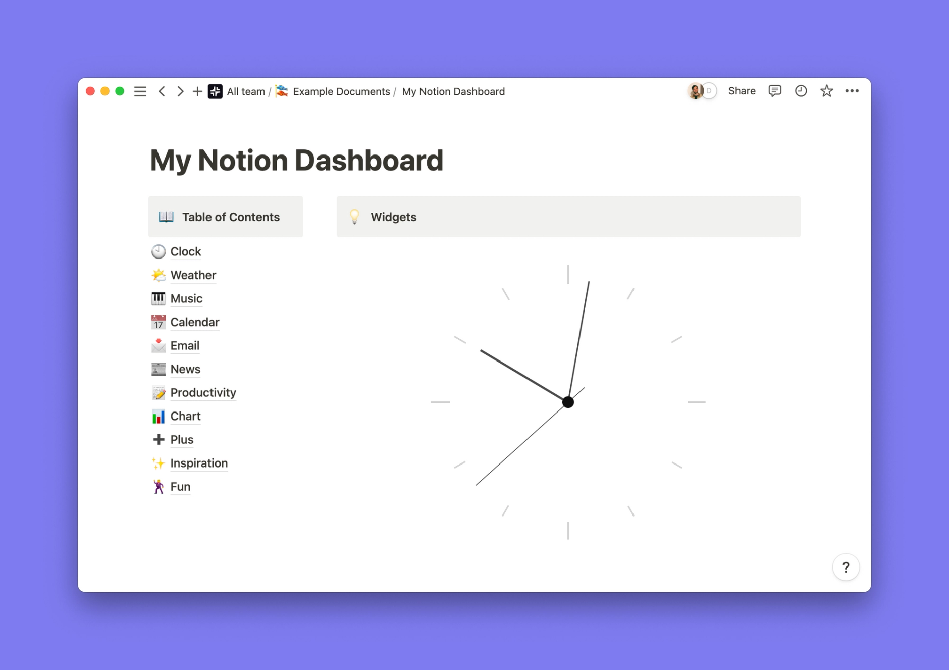 Minimal Clock widget inside of a Notion workspace