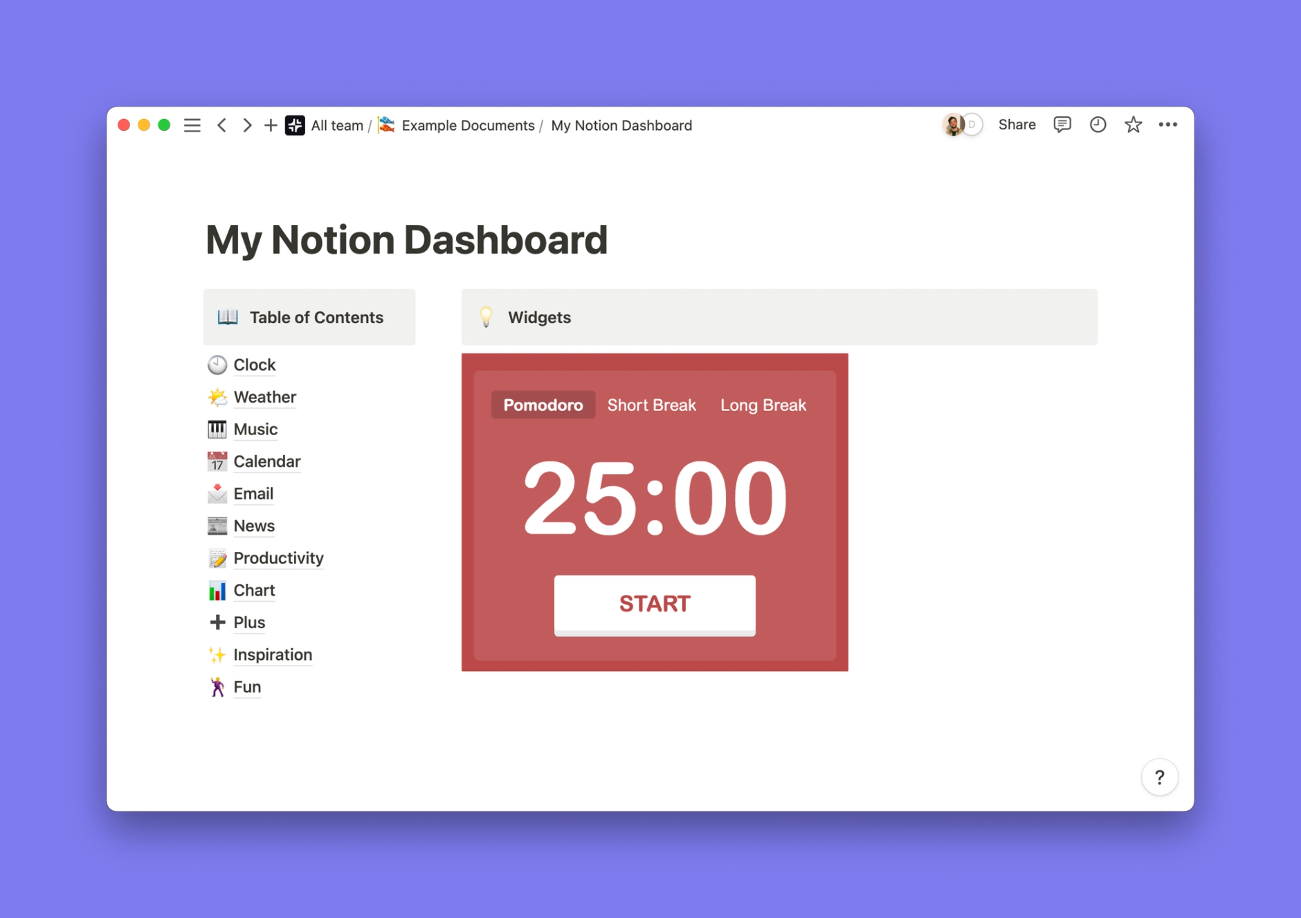 Pomodoro Timer widget inside of a Notion workspace