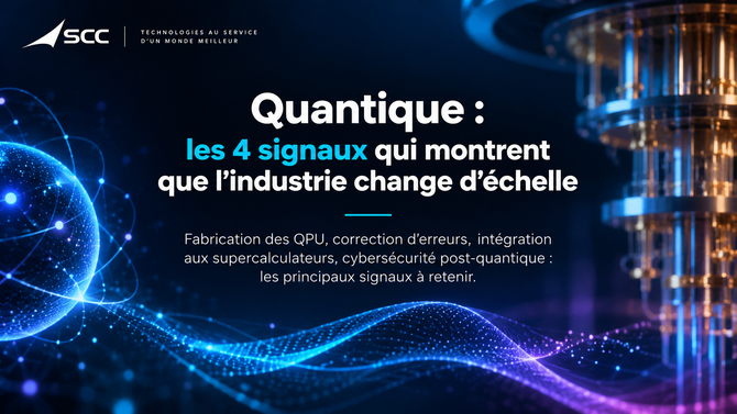 Bannière sur l’actualité quantique montrant un univers technologique bleu et violet, avec un processeur quantique en arrière-plan.
