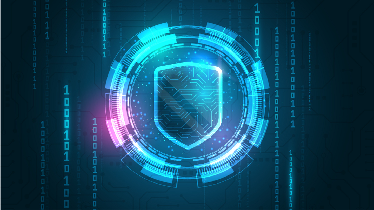 Bouclier digital entouré d'un halo sur fond de matrice
