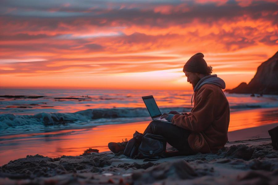 Homme assis sur une plage le soir, consultant son pc portable au coucher de soleil