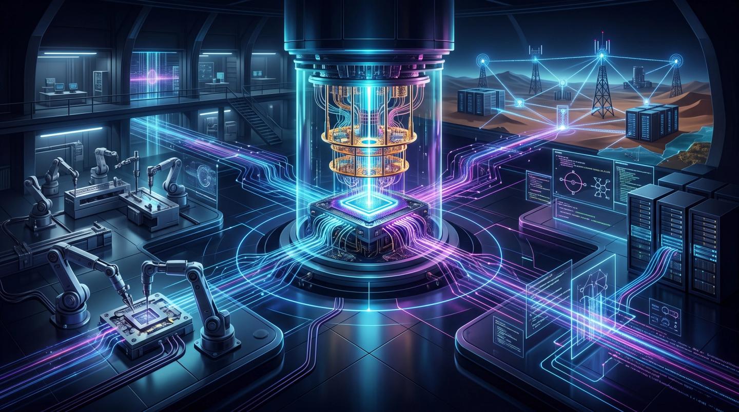 "Une image de couverture panoramique au format ultra-large, adoptant un style futuriste et high-tech sans aucune inscription textuelle. La scène dépeint l'intérieur d'un centre de calcul quantique avancé, plongé dans une ambiance tamisée dominée par des néons bleu électrique et violet profond. Au centre, un processeur quantique complexe (QPU) est en suspension, irradiant une lumière intense. De ce cœur, des faisceaux de lumière stylisés et des lignes de données lumineuses se déploient en éventail, se connectant à une architecture de serveurs et d'infrastructures technologiques complexes qui s'étendent sur les côtés et vers l'arrière-plan, évoquant une structure modulaire de pointe. L'esthétique est épurée, moderne et purement visuelle, avec un effet de profondeur de champ qui concentre l'attention sur l'unité centrale."