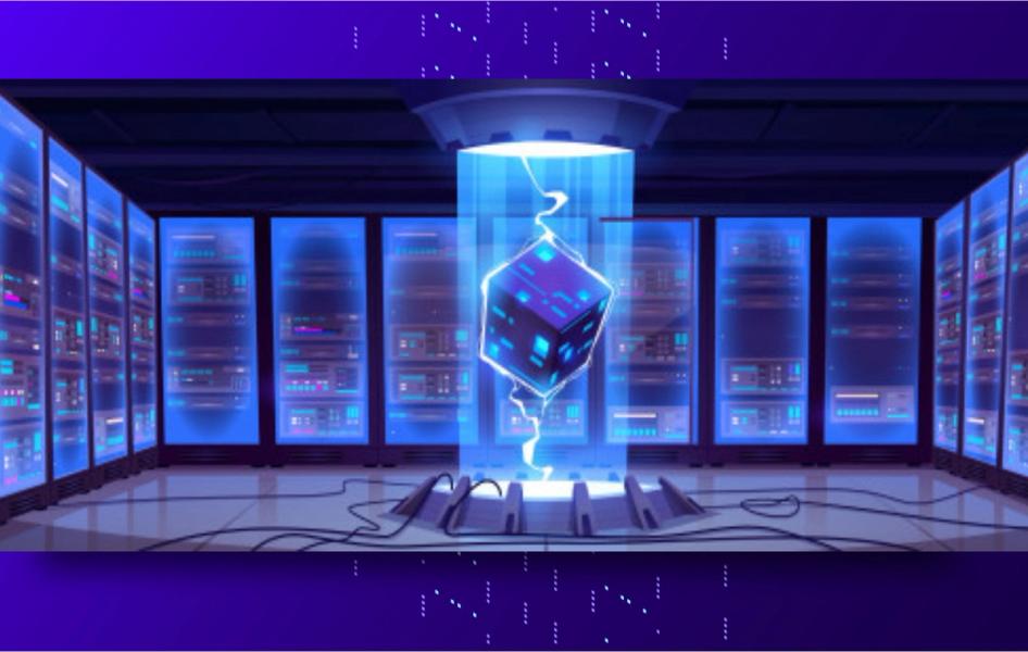 Cube flottant dans un datacenter dans une colonne de lumière