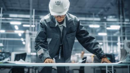 Personne avec un casque de chantier blanc qui regarde des plans