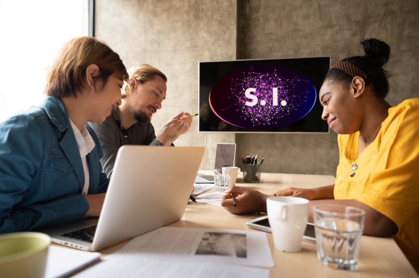 Réunion d'entreprise ou deux femmes et un homme échangent leurs idées