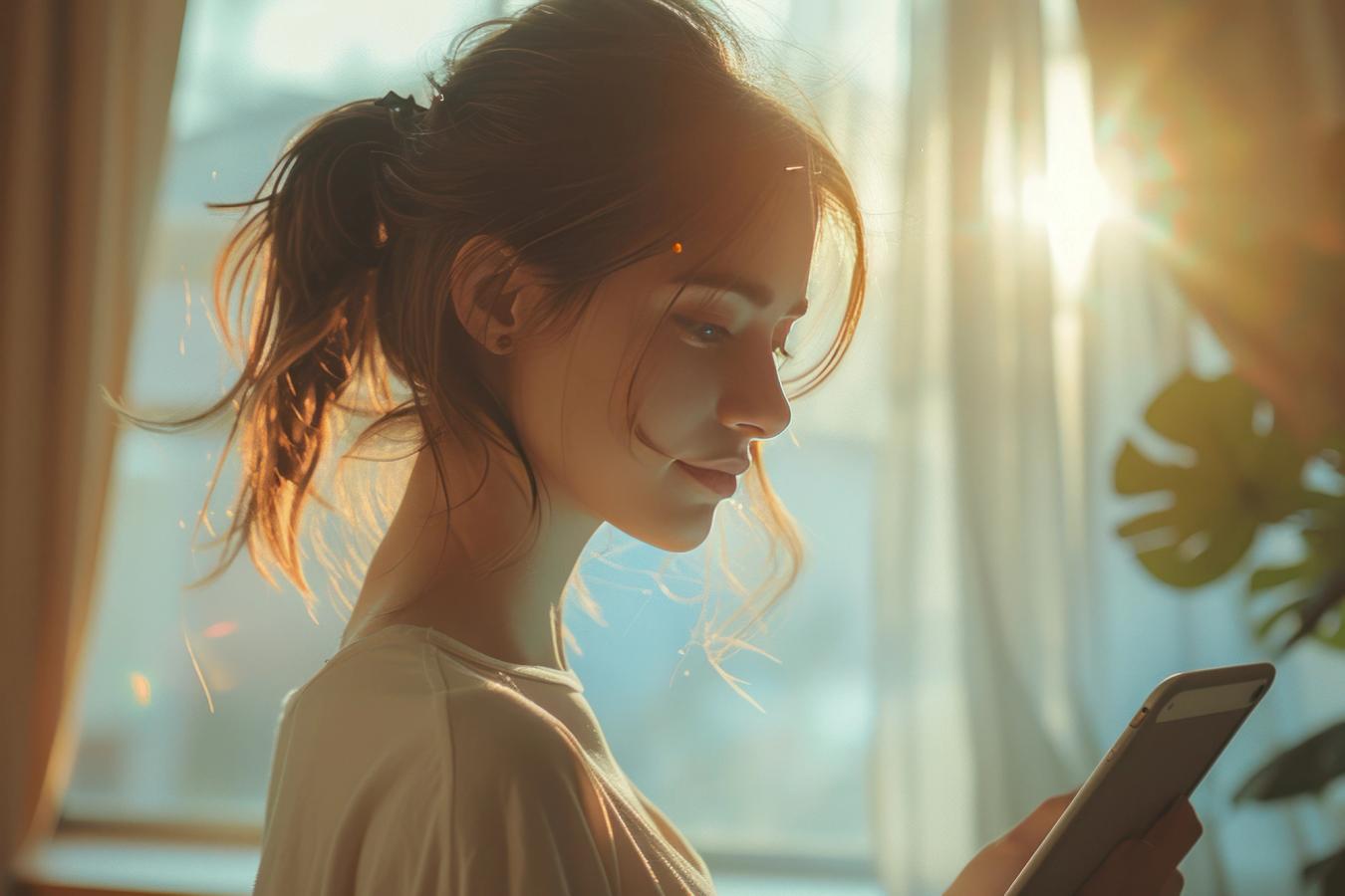 Femme consultant depuis sa chambre son smartphone avec lever de soleil