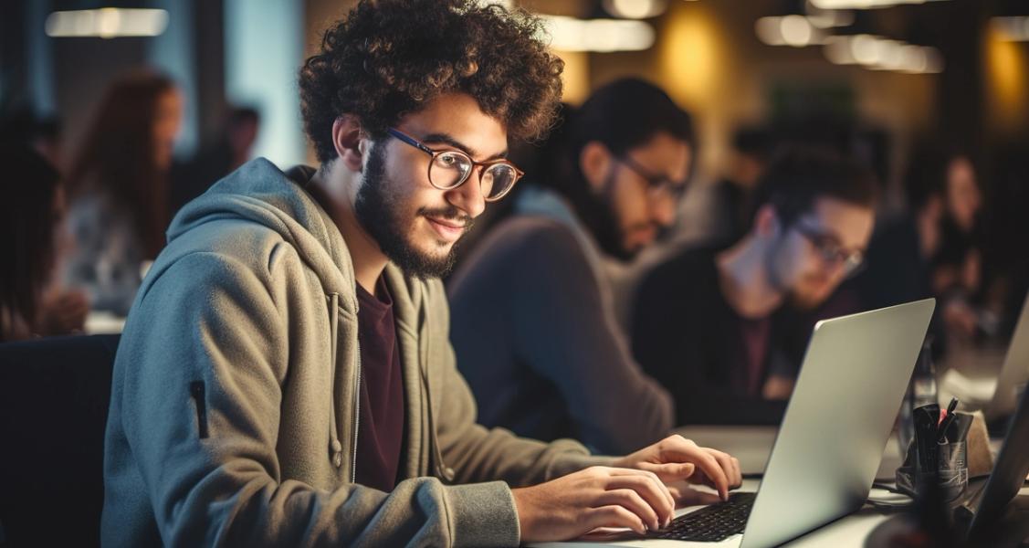 Homme avec lunette pianotant sur un pc portable dans un open space