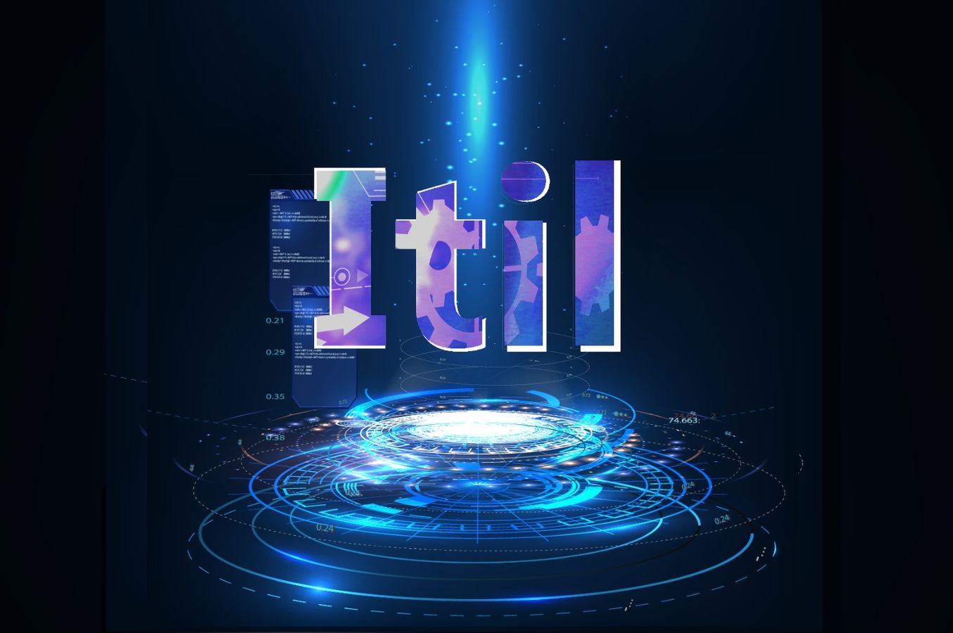Lettres Itil sur un socle digital et lumineux sur fond sombre