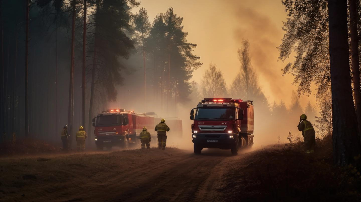 Camion de pompier arrivant sur un chemin de forêt où d'autres pompiers sont présents