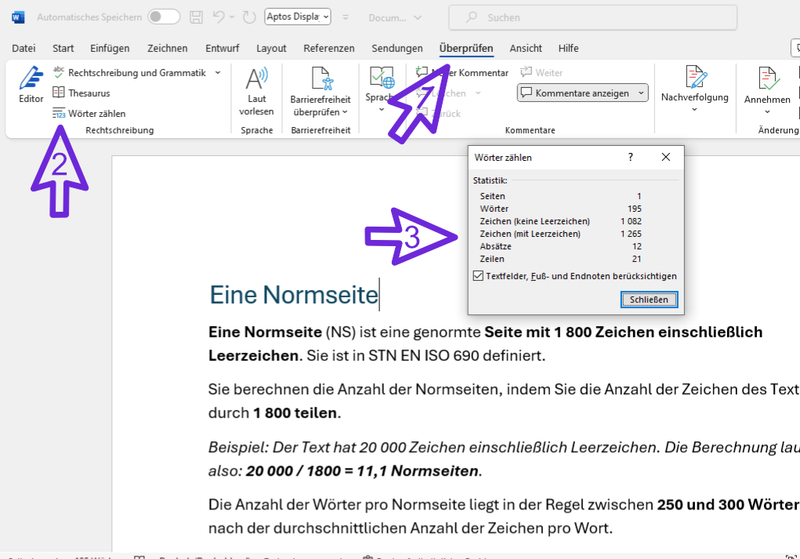 Wie kann ich die Anzahl der Wörter und Zeichen in MS Word anzeigen?