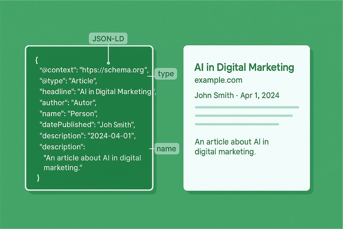 Schema markup visual showing raw JSON-LD code and its effect on Google search appearance for seo services