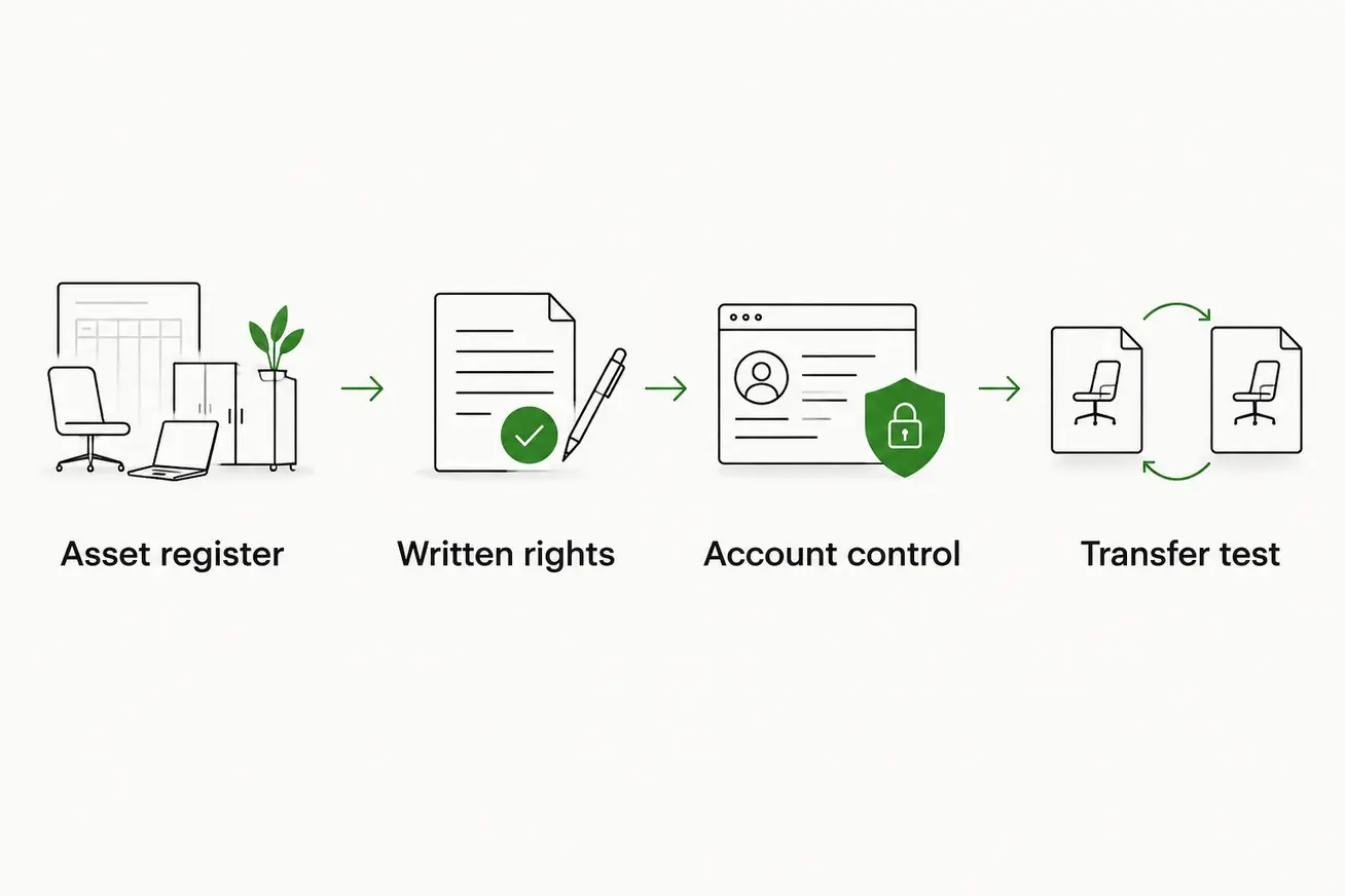 Four checks connecting website assets, written rights, account control and a transfer test