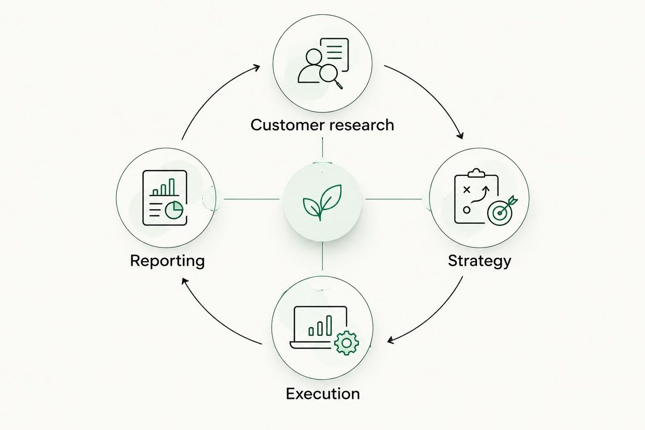 A cycle connecting customer research, strategy, execution and reporting