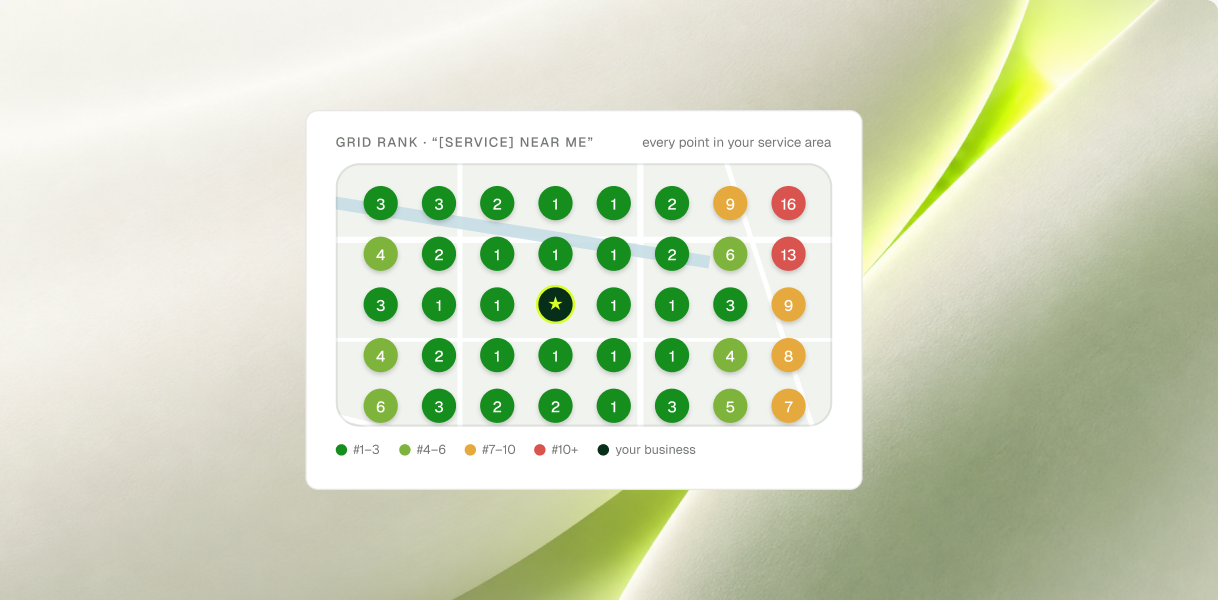 A grid of map rankings across a service area, mostly first-place green, for a near-me search