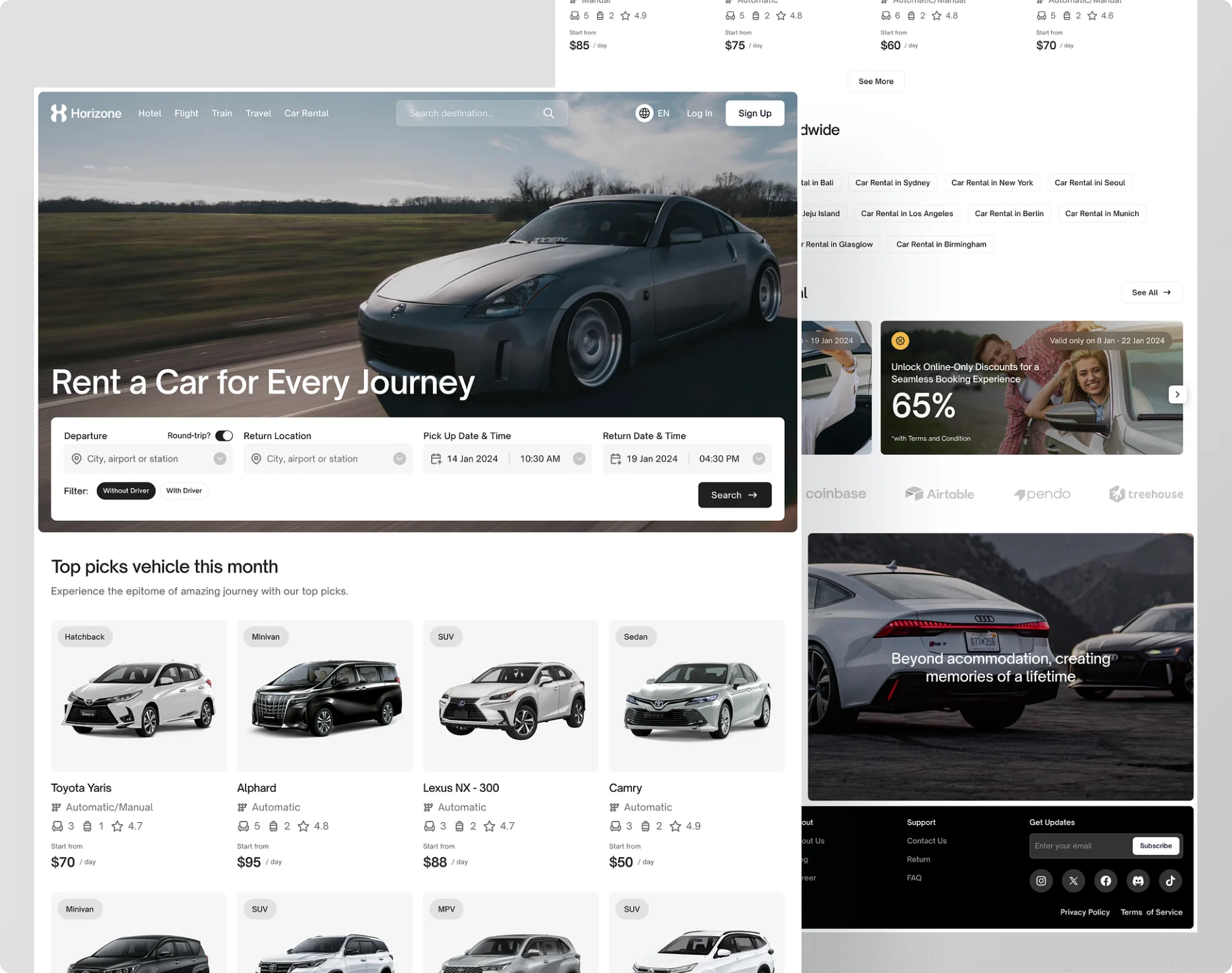 Car rental website pages laid out behind a Growth Strategy cover — the strategy presented against a client's site