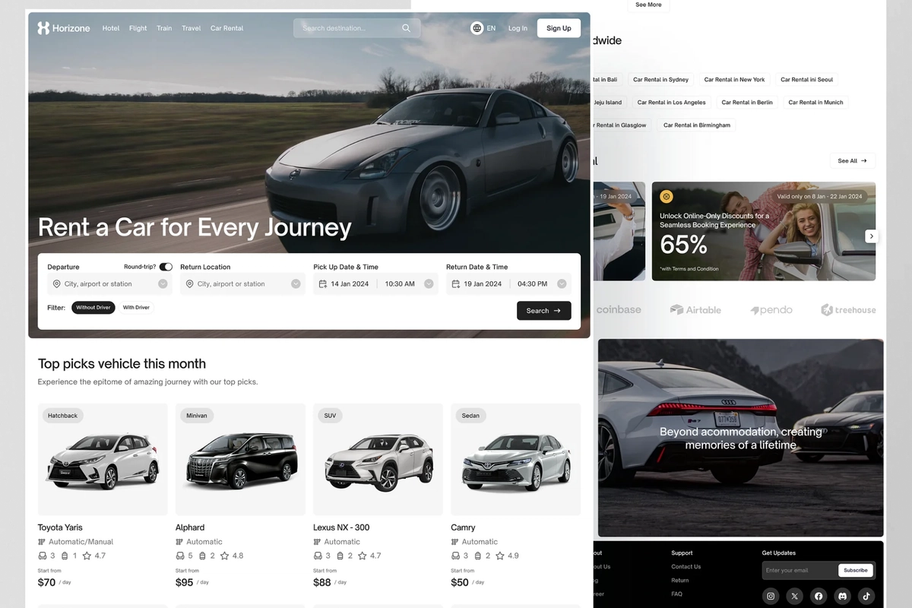 Car rental website pages laid out behind a Growth Strategy cover — the strategy presented against a client's site