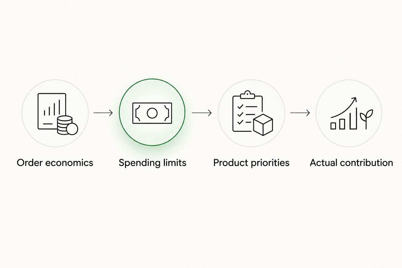 A sequence connecting order economics, spending limits, product priorities and actual contribution.
